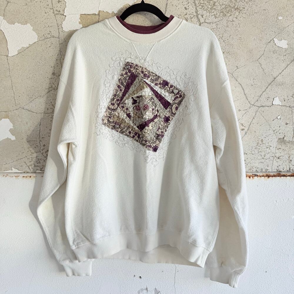 Vtg 90s Sweatshirt Quilt Applique LA Loving USA Patchwork Sweater Cottagecore L